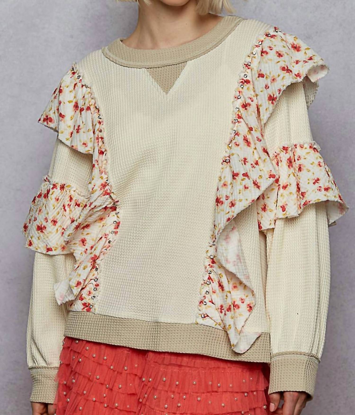 POL Floral Ruffle Round Neck Thermal Knit Top in cream - women's sweater