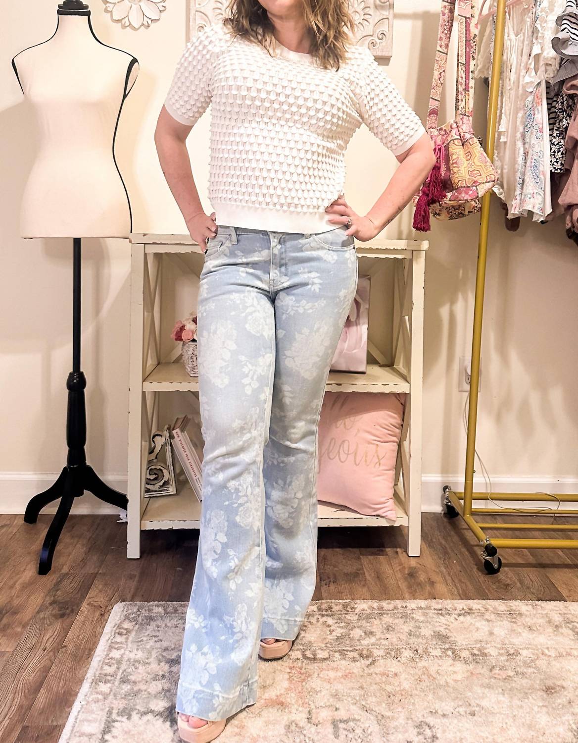 KanCan Low Rise Floral Printed Flare Jeans in light blue - women's jeans - alternate view