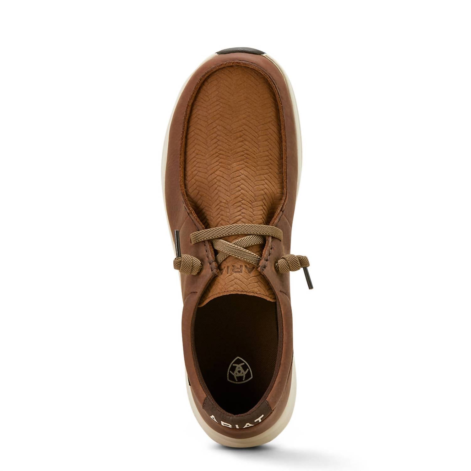 ARIAT Men's Buckeye Waterproof Shoe in brown tan woven embossed - men's loafer - detail view