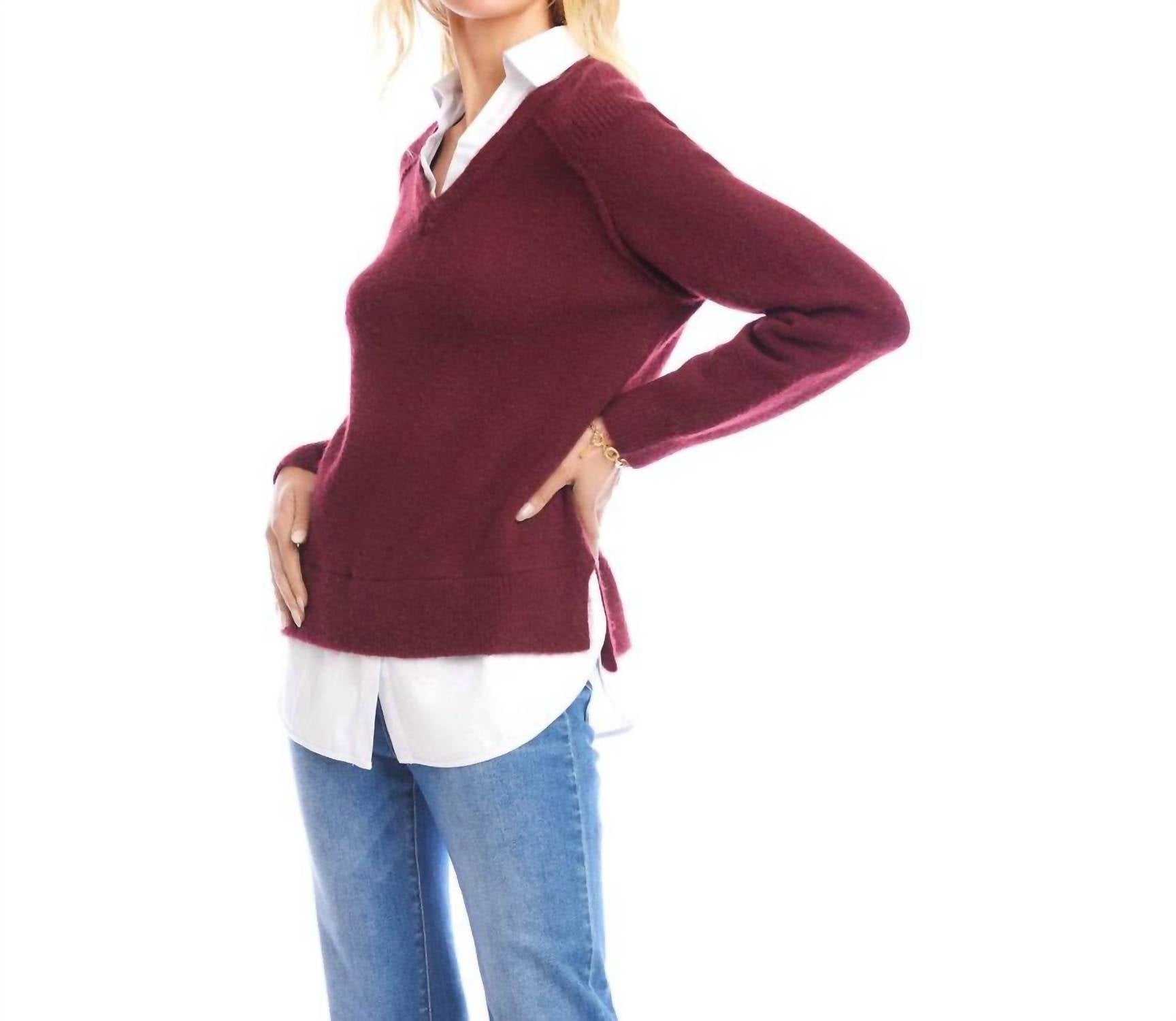 Karen Kane Layered Long Sleeve Sweater in wine - women's sweater - detail view