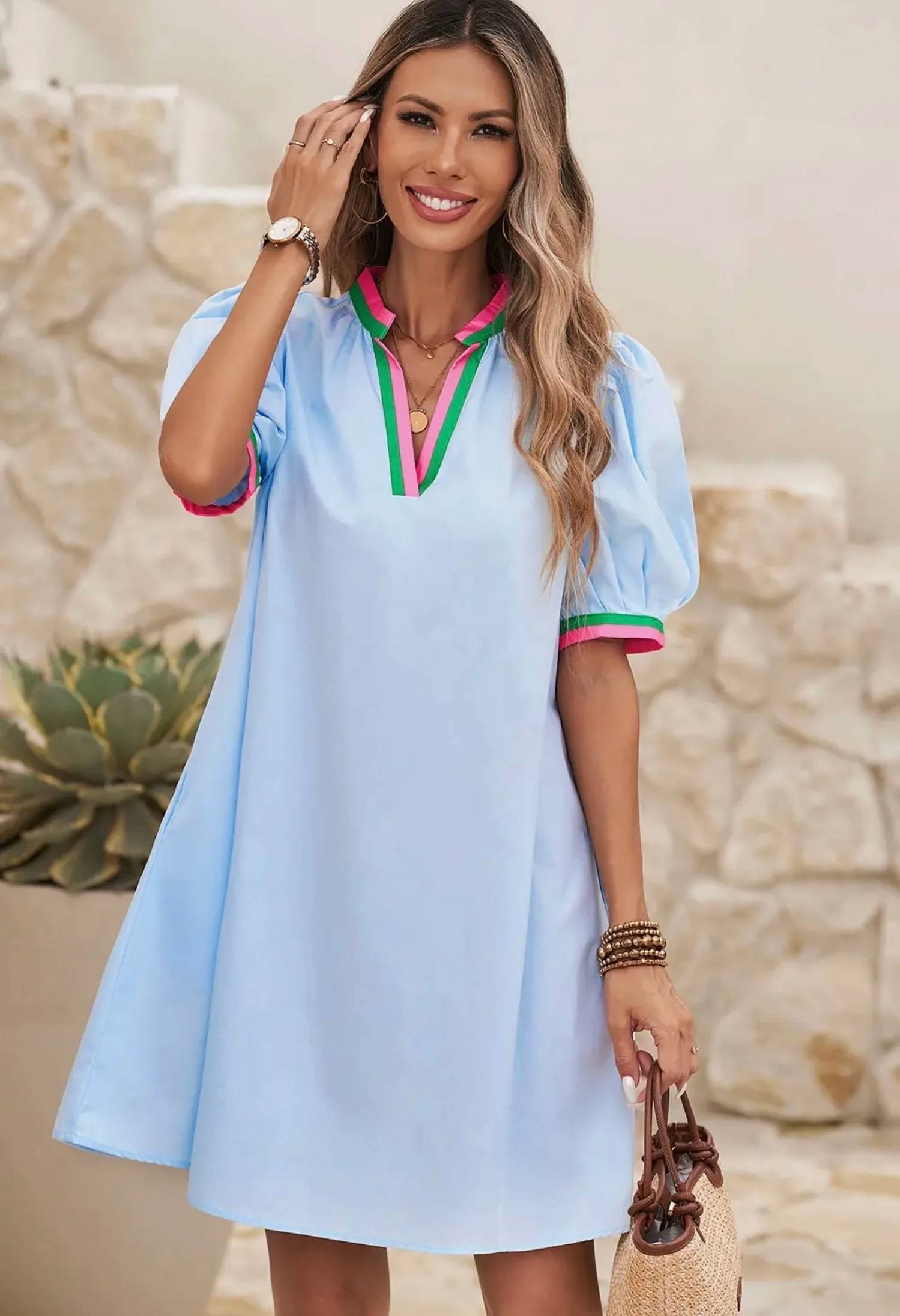 Little Daisy Closet - Contrast Trim Puff Sleeve Mini Dress