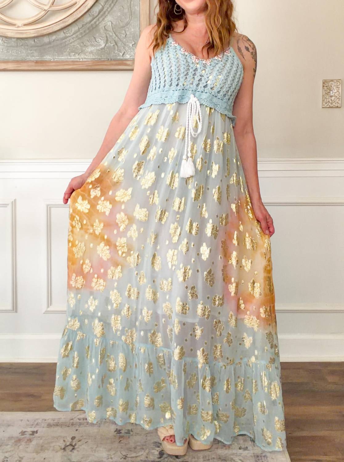 Pol - Crochet Golden Accent Boho Maxi Dress