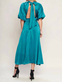 Flying Tomato - Mock Neck Bell Sleeve Satin Effect Midi Dress