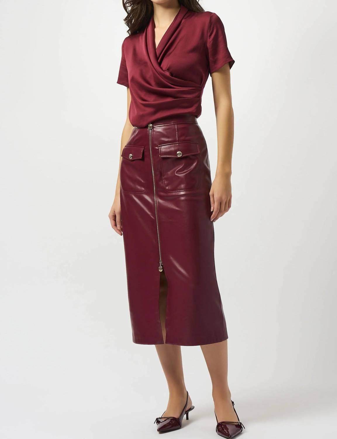 Joseph Ribkoff - Faux Leather Zip Front High Waist Midi Skirt