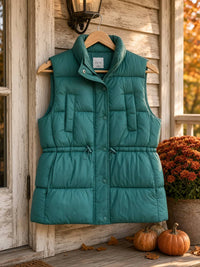 Love Tree - Women's Zip Up Button Puffer Vest With Waist Toggles