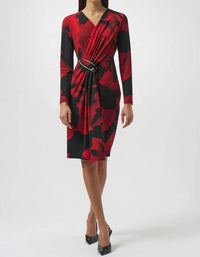 Joseph Ribkoff - Abstract Print Faux Wrap Long Sleeves Dress