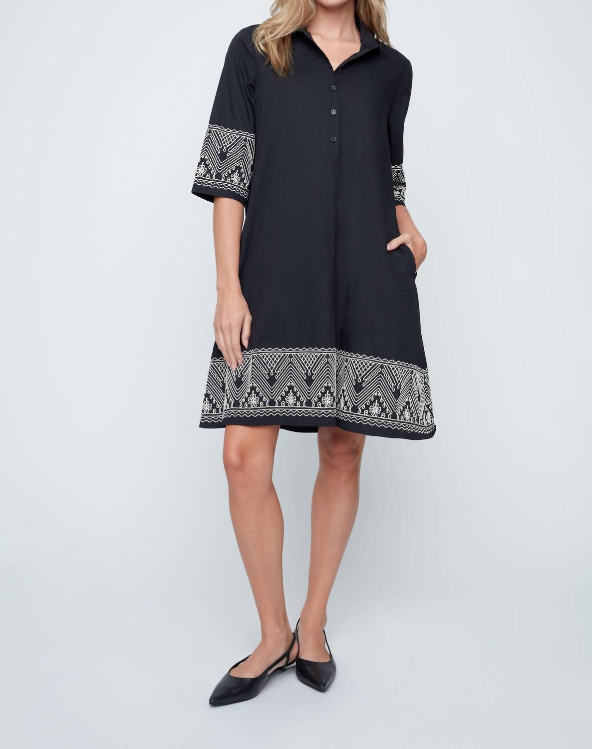 Renuar Half Button-up Trapeze Dress in black - women's dress