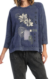 Jess & Jane Mia Mineral Washed French Terry Top in denim - women's t-shirt - detail view