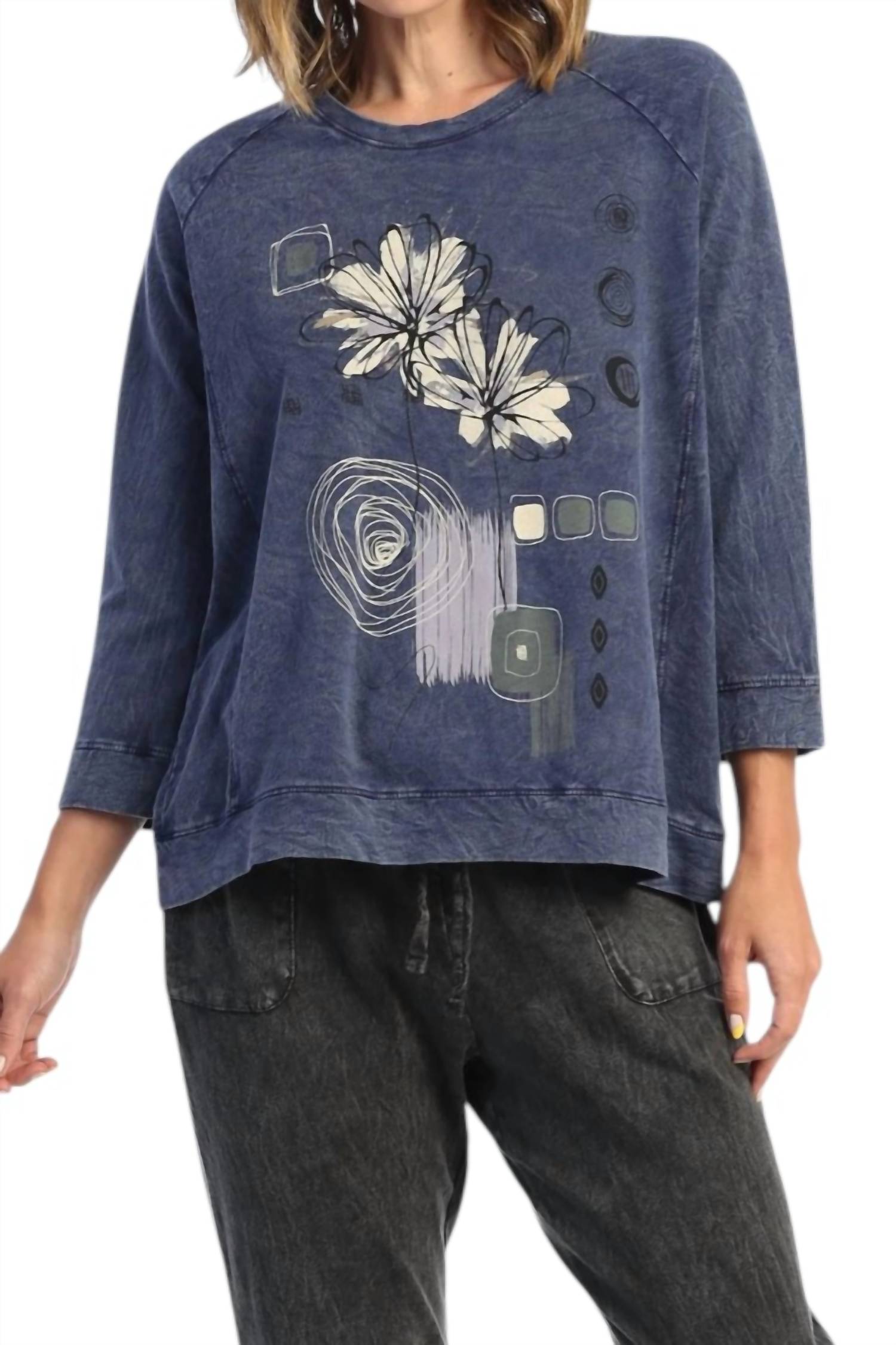 Jess & Jane Mia Mineral Washed French Terry Top in denim - women's t-shirt - detail view