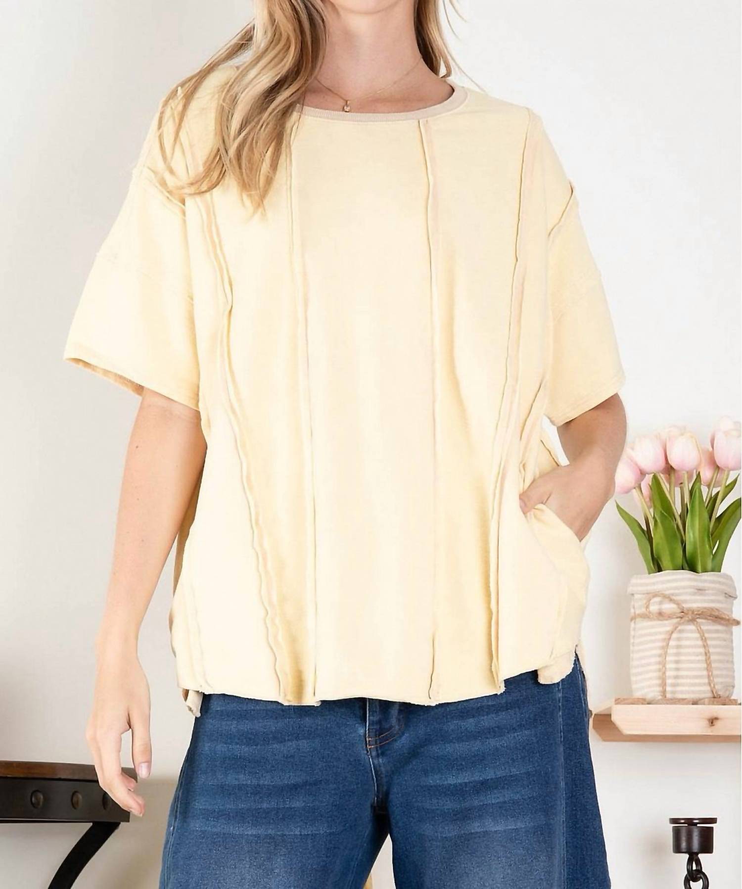 Blue Velvet Washed Terry Oversized Short Sleeve Top in yellow - women's blouse