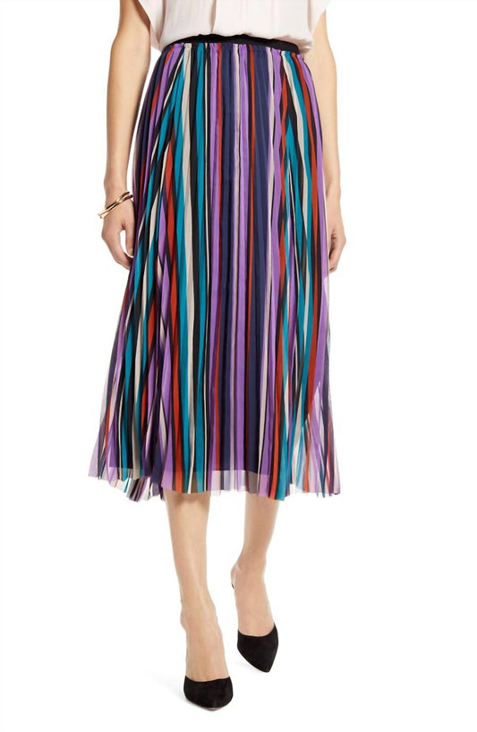 Halogen - Striped Pleated Elastic Waist Midi Skirt Pleated Chiffon