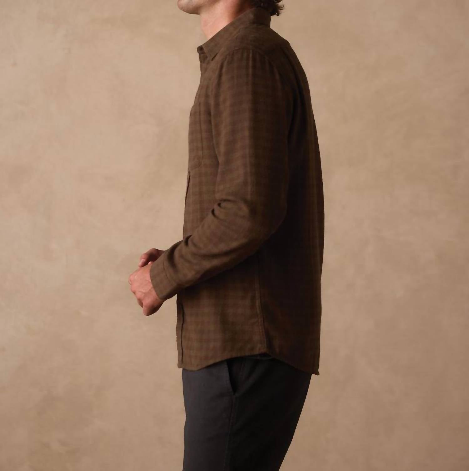 The Normal Brand Hudson Double Brushed Flannel Shirt in olive plaid - men's shirt - alternate view