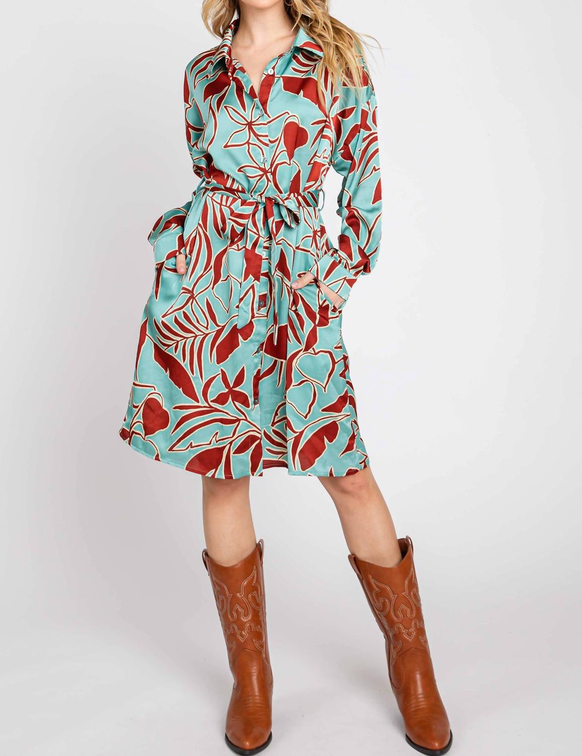 Elleborn - Printed Satin Midi Shirt Dress