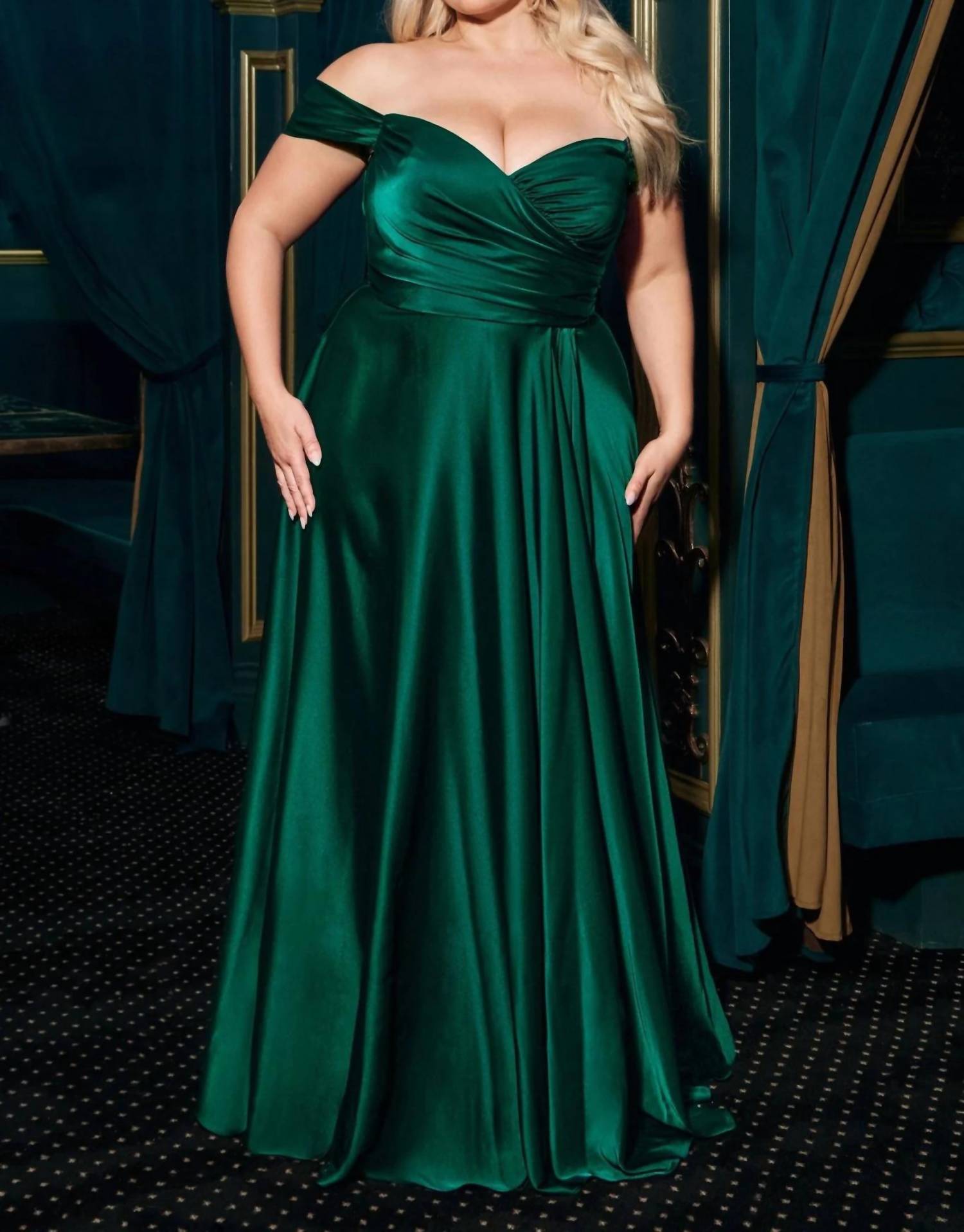Cinderella Divine - Off Shoulder A-line Satin Gown - Plus
