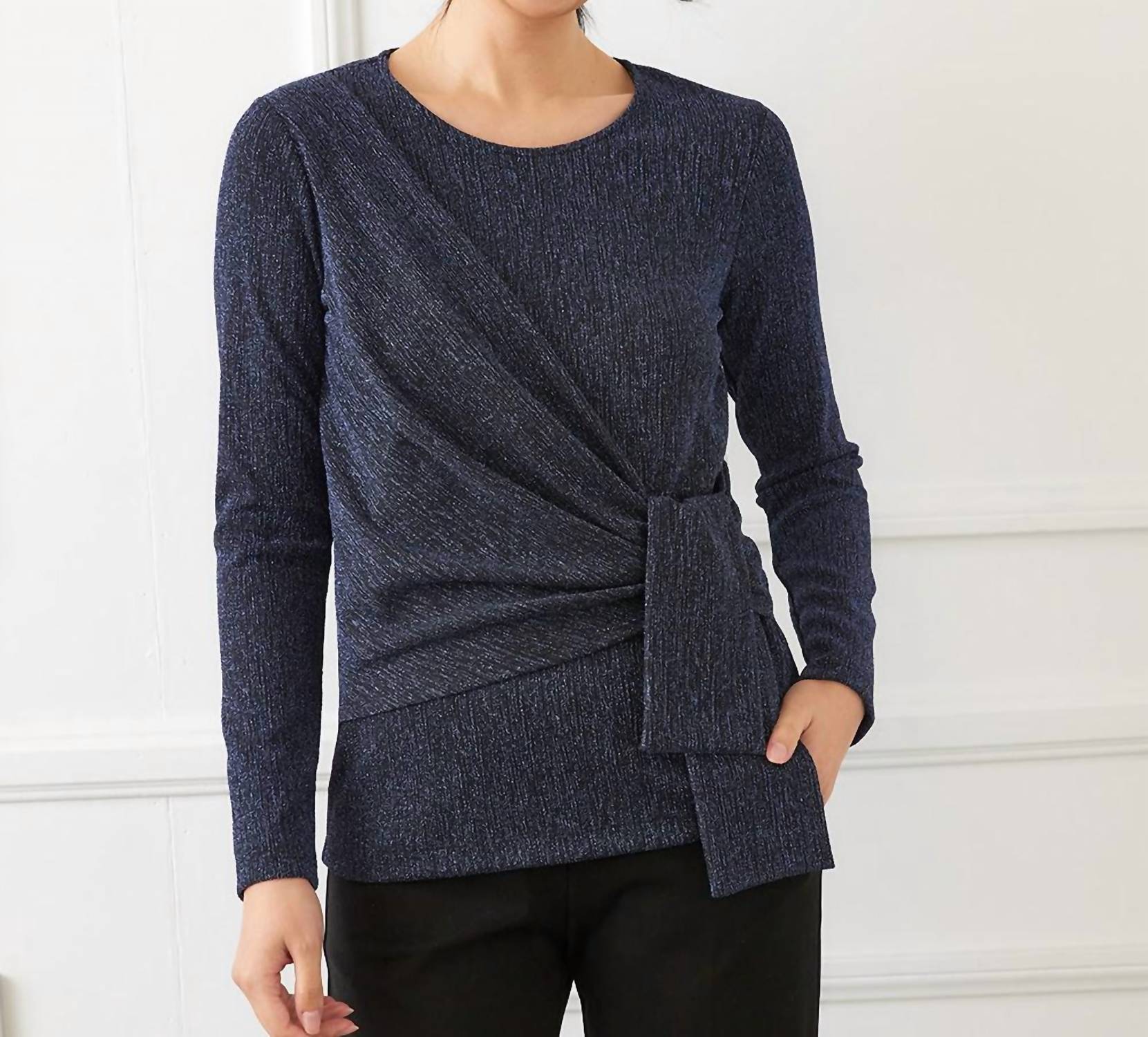 Karen Kane Long Sleeve Metallic Knit Side-Tie Top in navy - women's long sleeve top - view 5