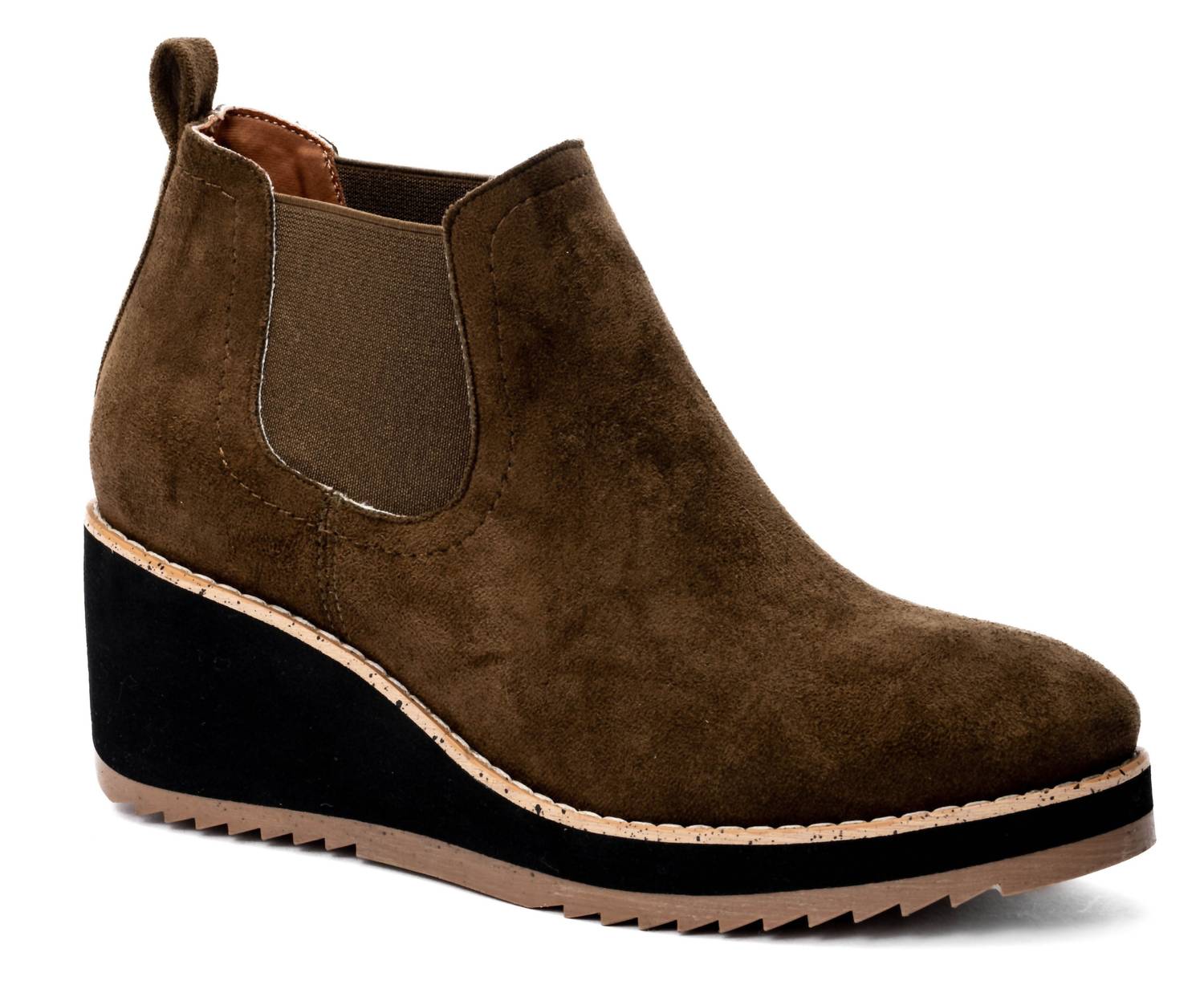 Corkys Footwear Women's Love You A Latte Wedge Bootie in khaki faux suede - women's shoe