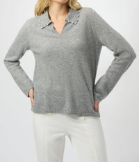 Joseph Ribkoff Pearl Collar Cashmere Sweater Top in light grey - women's sweater