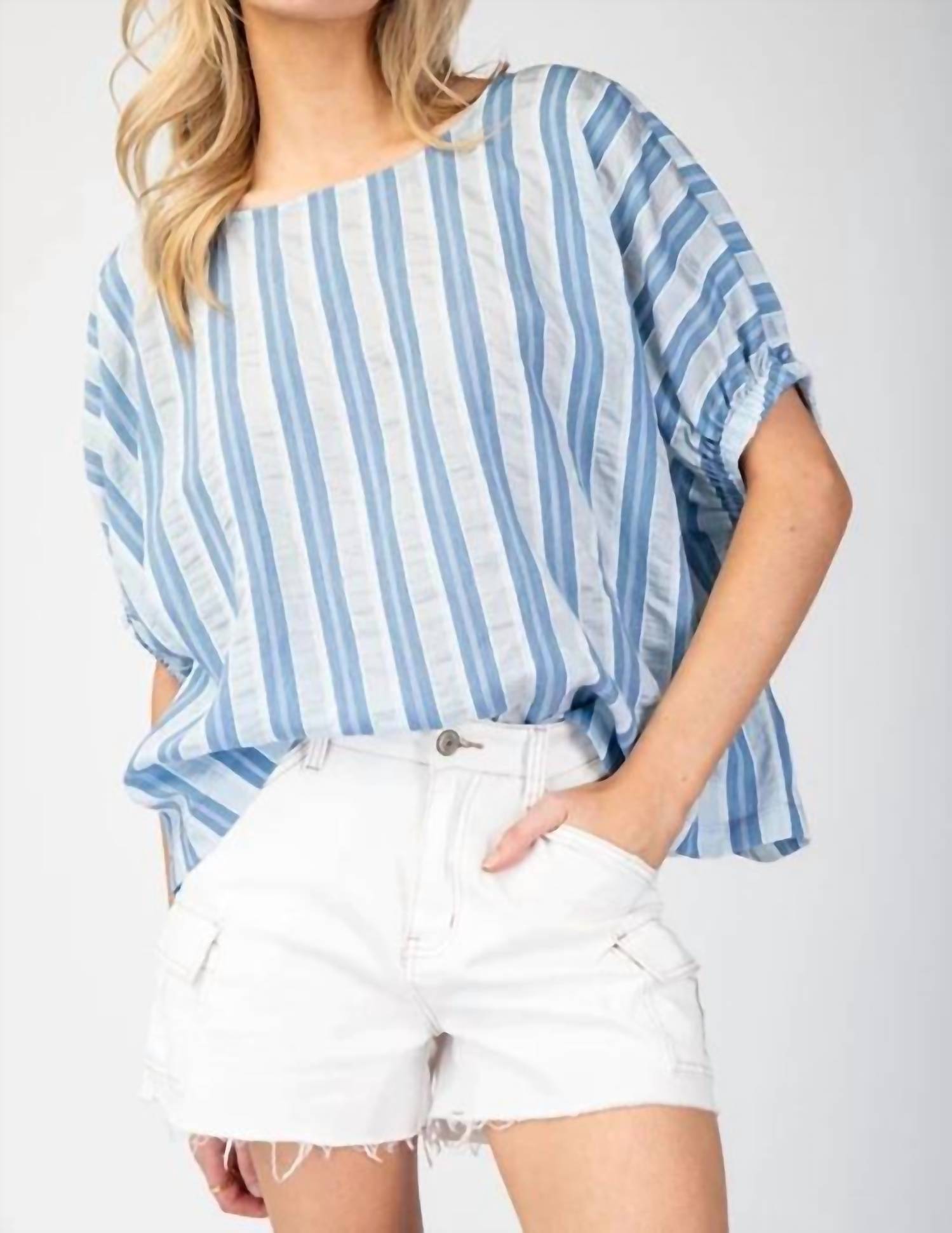 Ee:Some - Striped Short Sleeve Blouse Top