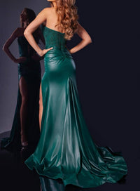 JOVANI Sweetheart Lace Bodice Gown With High Slit in emerald - women's dress - detail view