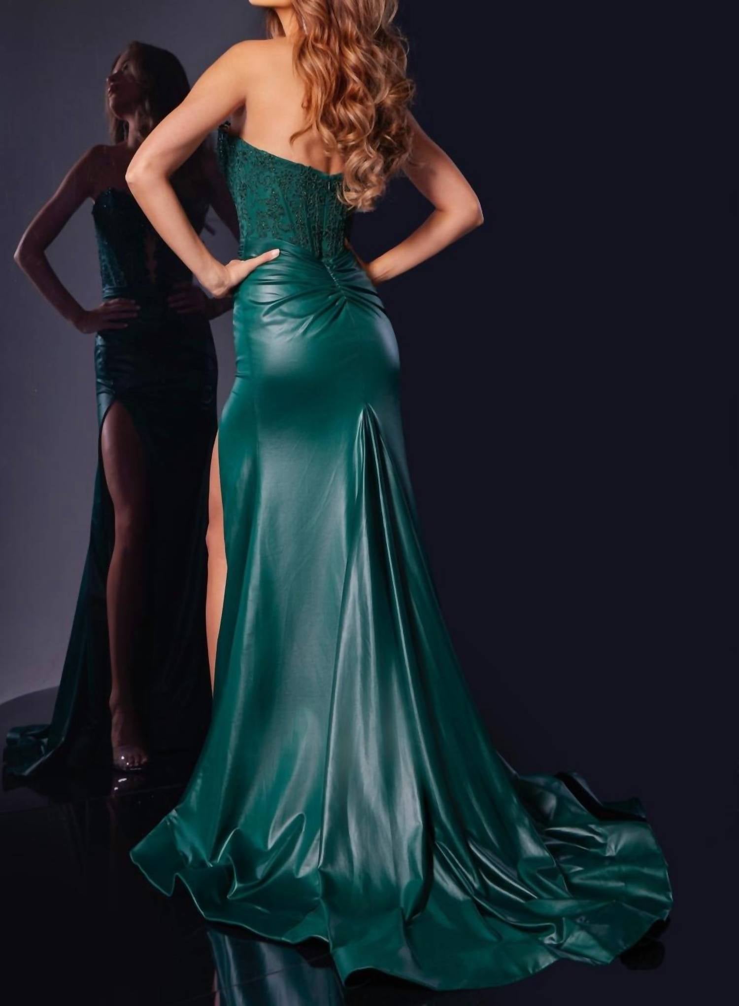 JOVANI Sweetheart Lace Bodice Gown With High Slit in emerald - women's dress - detail view