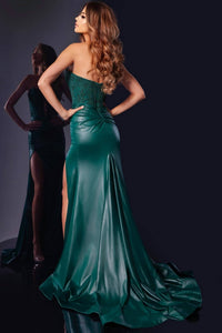 JOVANI Sweetheart Lace Bodice Gown With High Slit in emerald - women's dress - alternate view