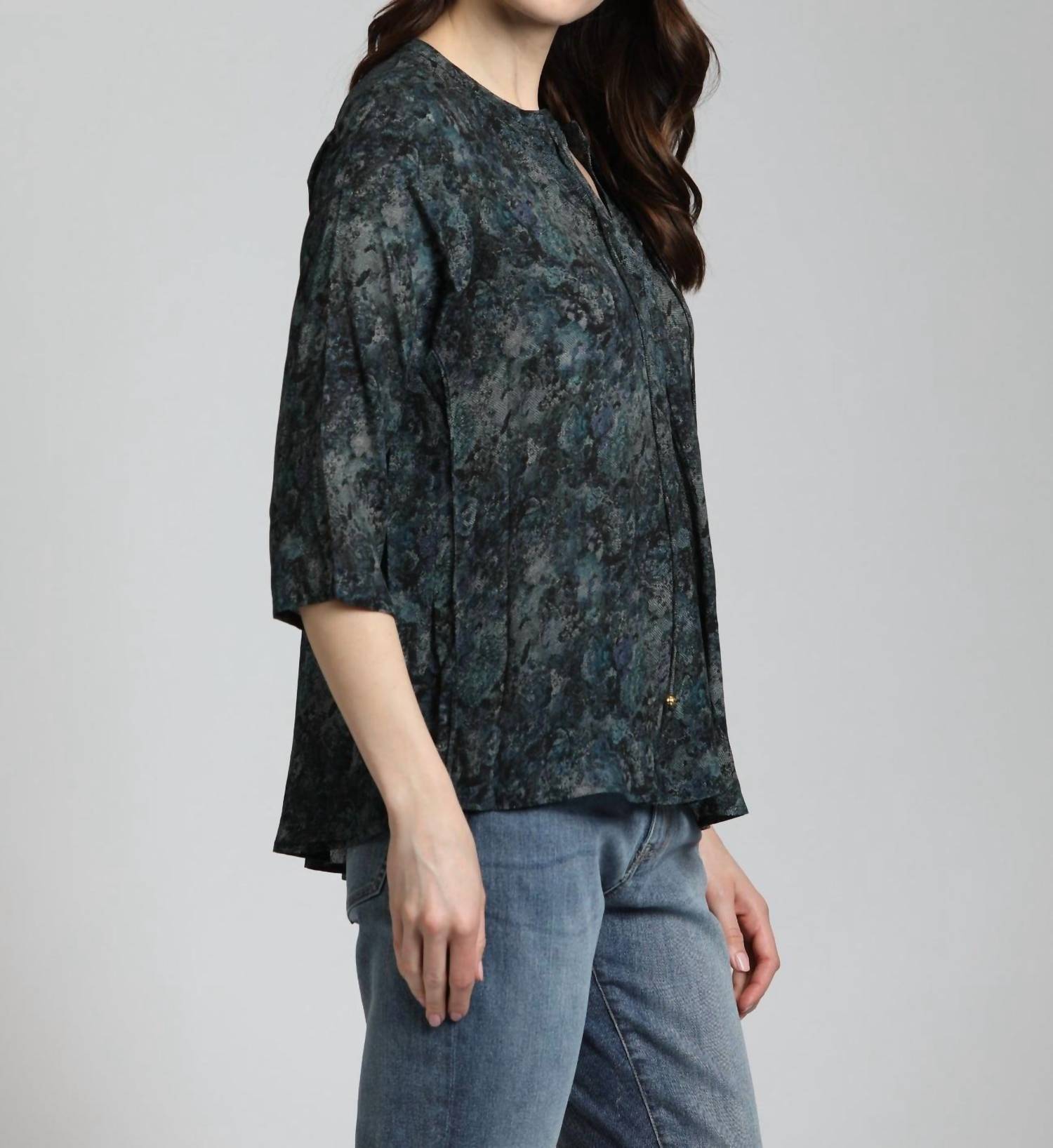 Apny - Lace Print V-neck W/ Tassel Blouse