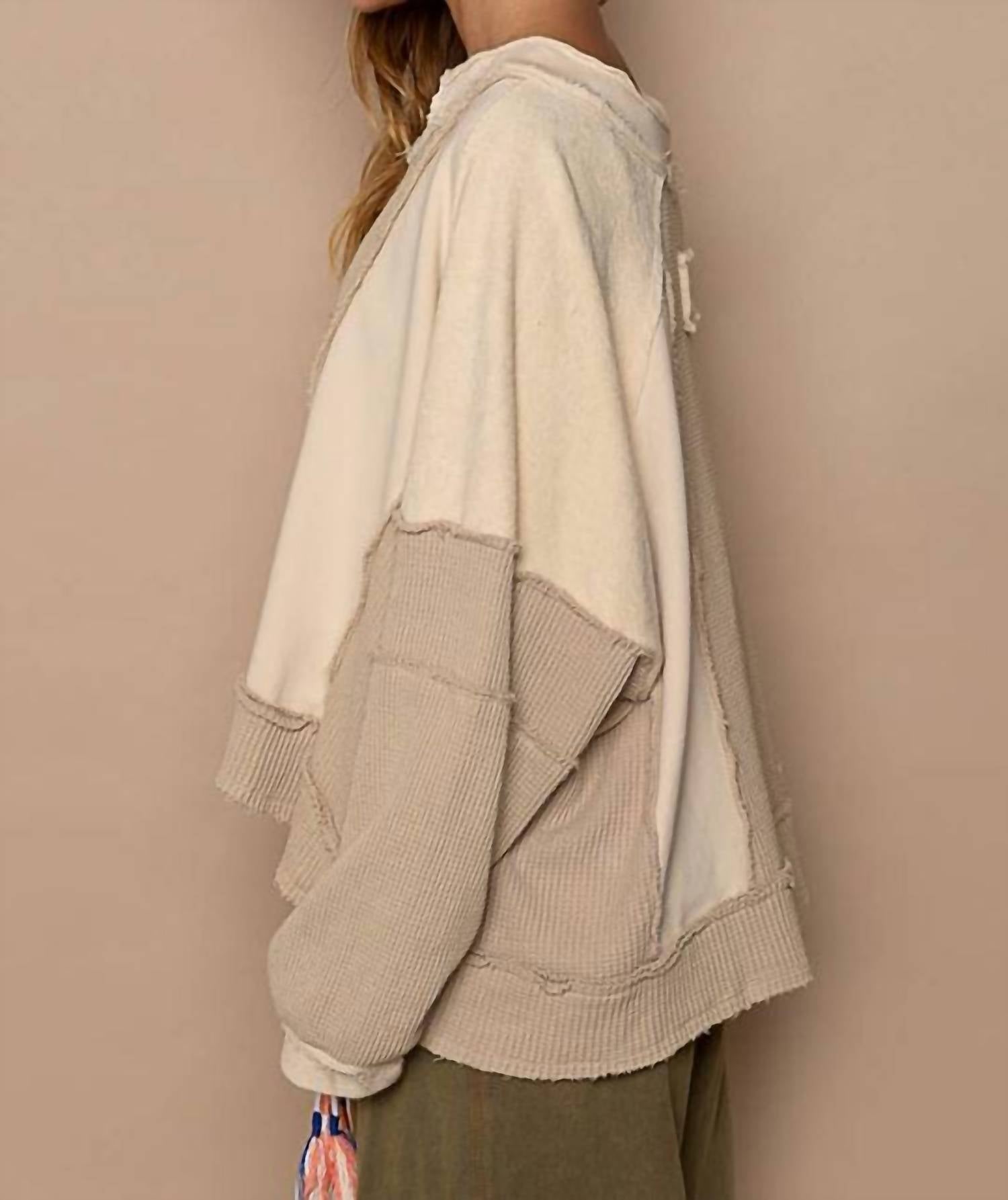 Pol - Notched Neck Contrast Long Sleeve Top