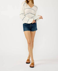 LOVESTITCH V-Neck Fuzzy Stripe Sweater in cream navy - women's sweater - view 5