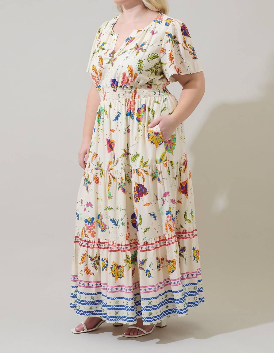 SUGARLIPS Rony Smocked Maxi Dress in ivory multi - women's dress - alternate view