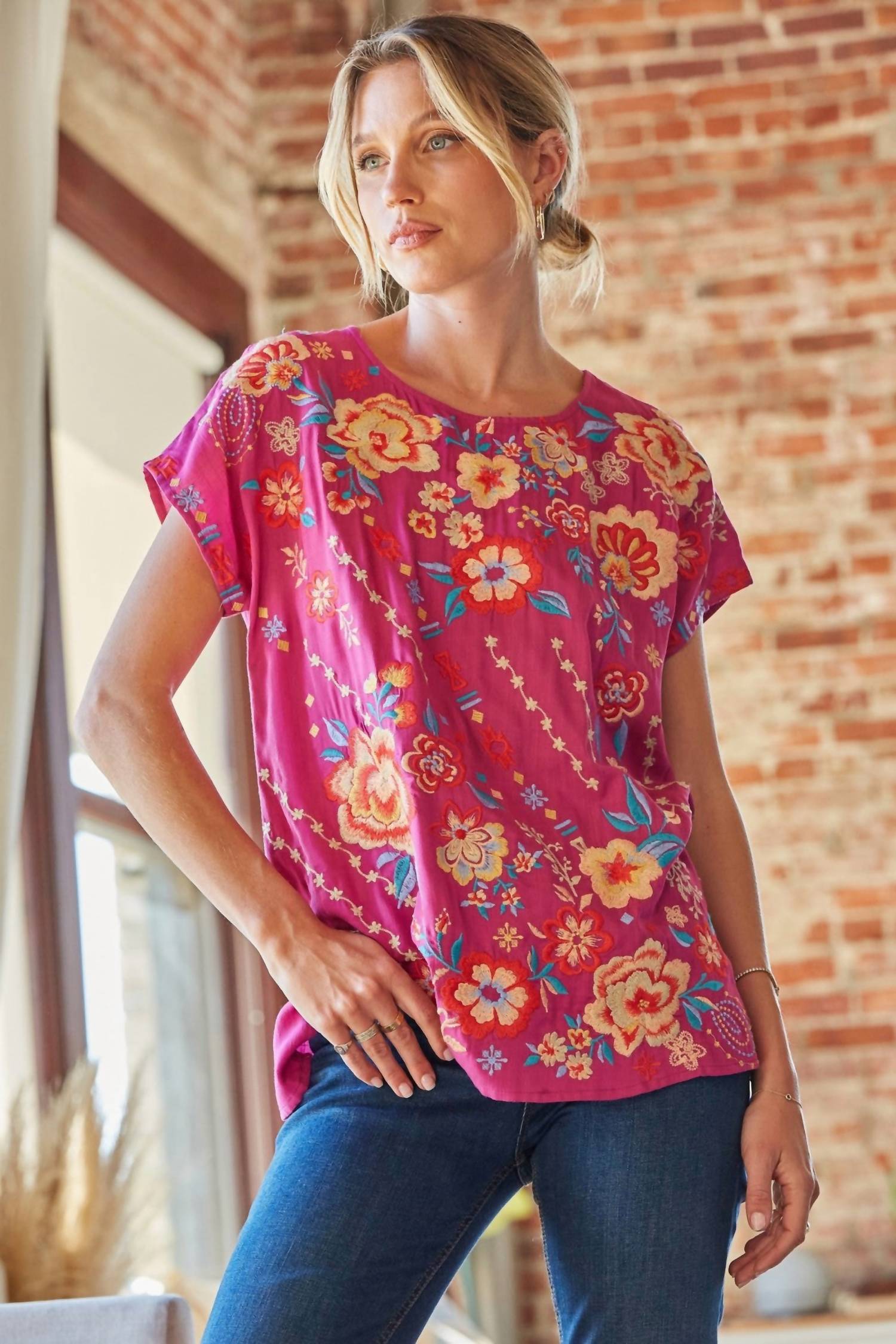Andree By Unit - Floral Embroidered Dolman Sleeve Top
