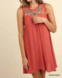 Umgee - Sleeveless With Floral Embroidered Yoke Dress
