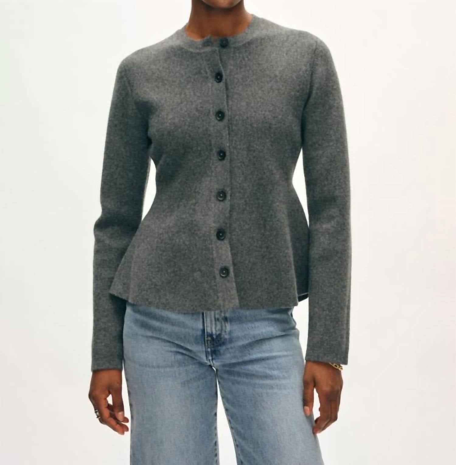 White + Warren Cashmere Blend Peplum Cardigan in dark granite 1 - women's cardigan