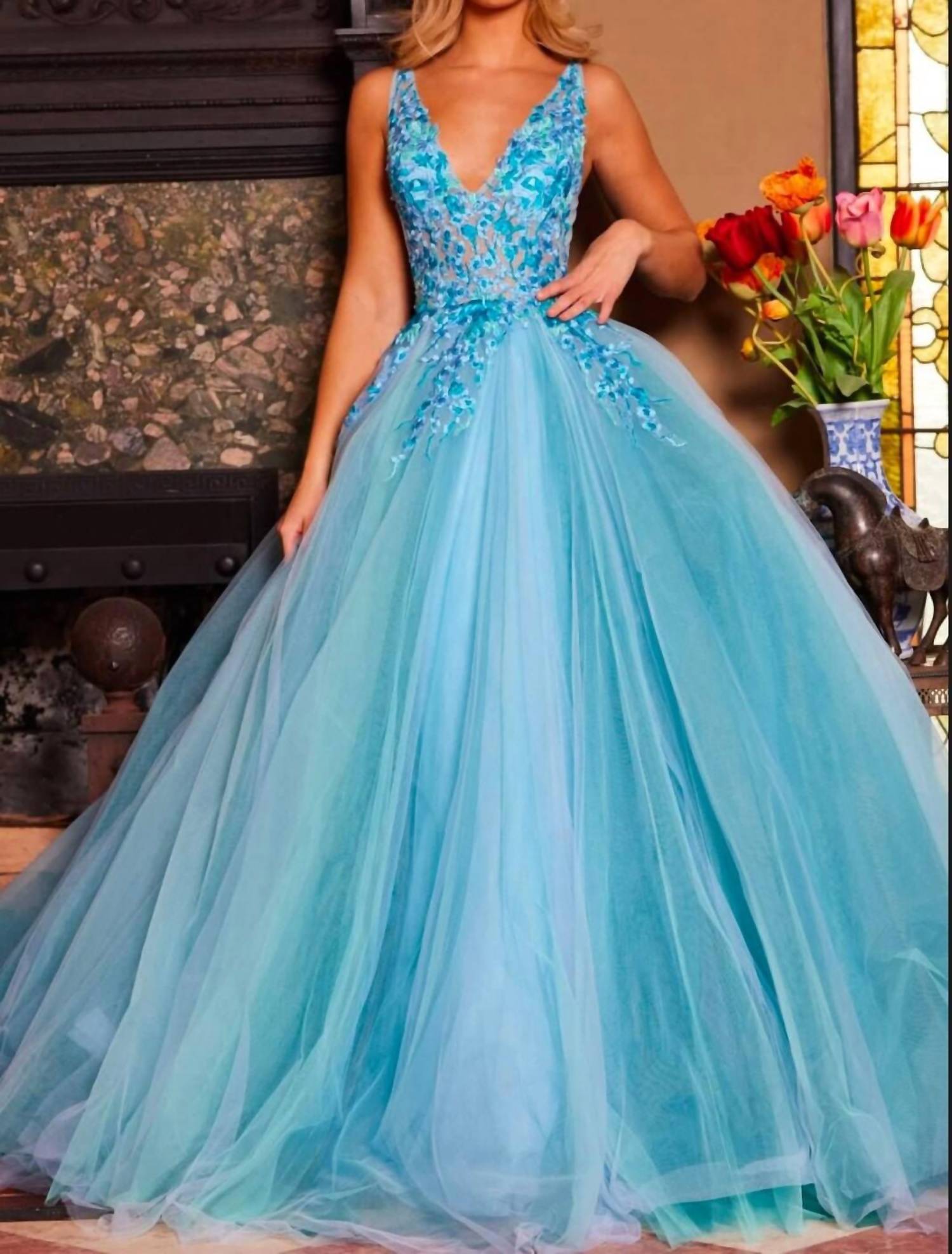 Jovani - Deep V-neck Beaded Ballgown