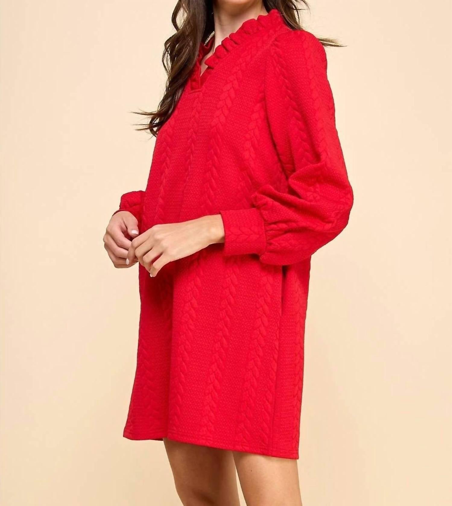 Veveret - Miley Twist Textured Knit Puff Long Sleeve Dress