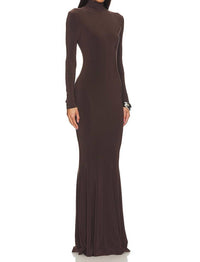 NORMA KAMALI Long Fishtail Dress in chocolate brown - women's dress - detail view