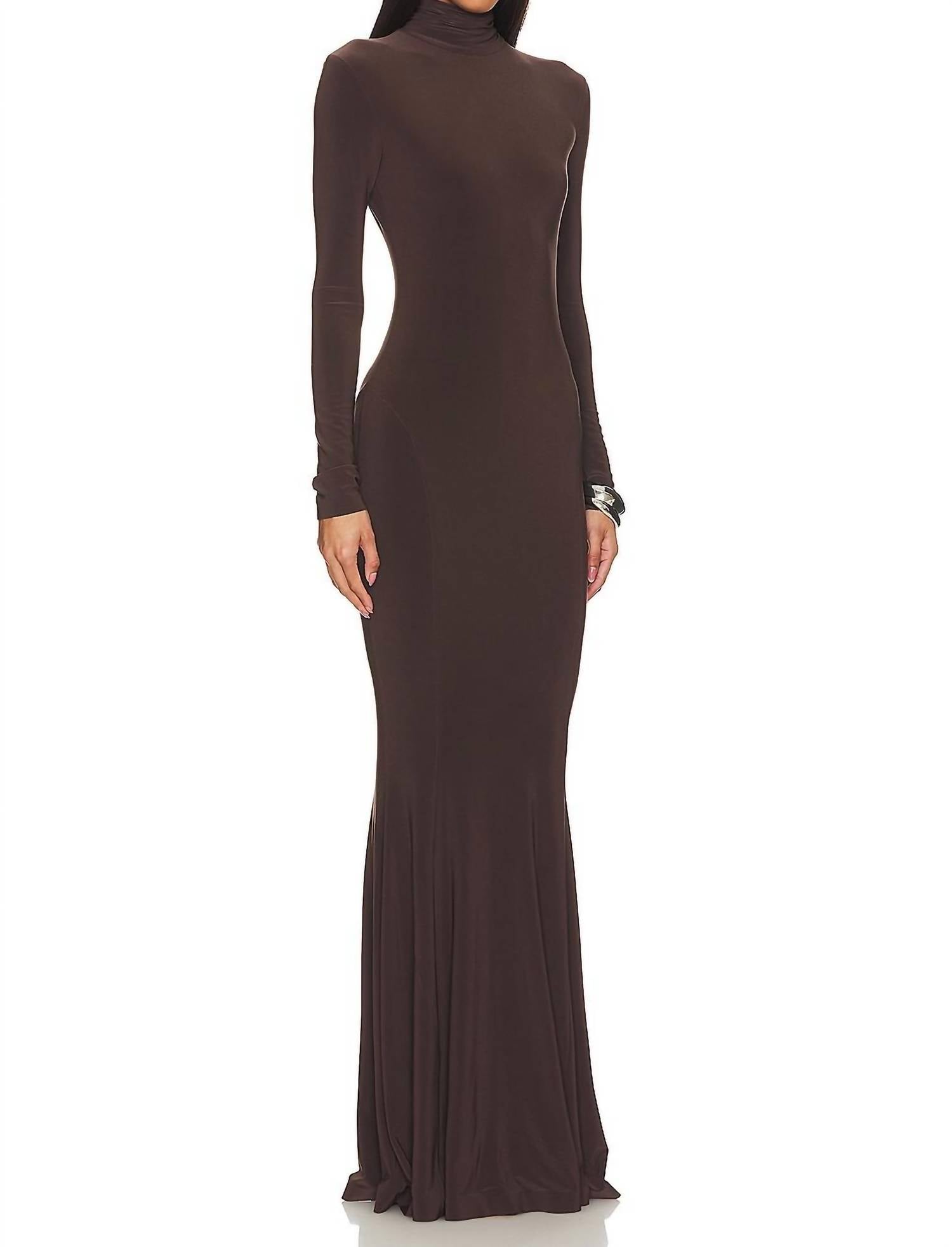 NORMA KAMALI Long Fishtail Dress in chocolate brown - women's dress - detail view