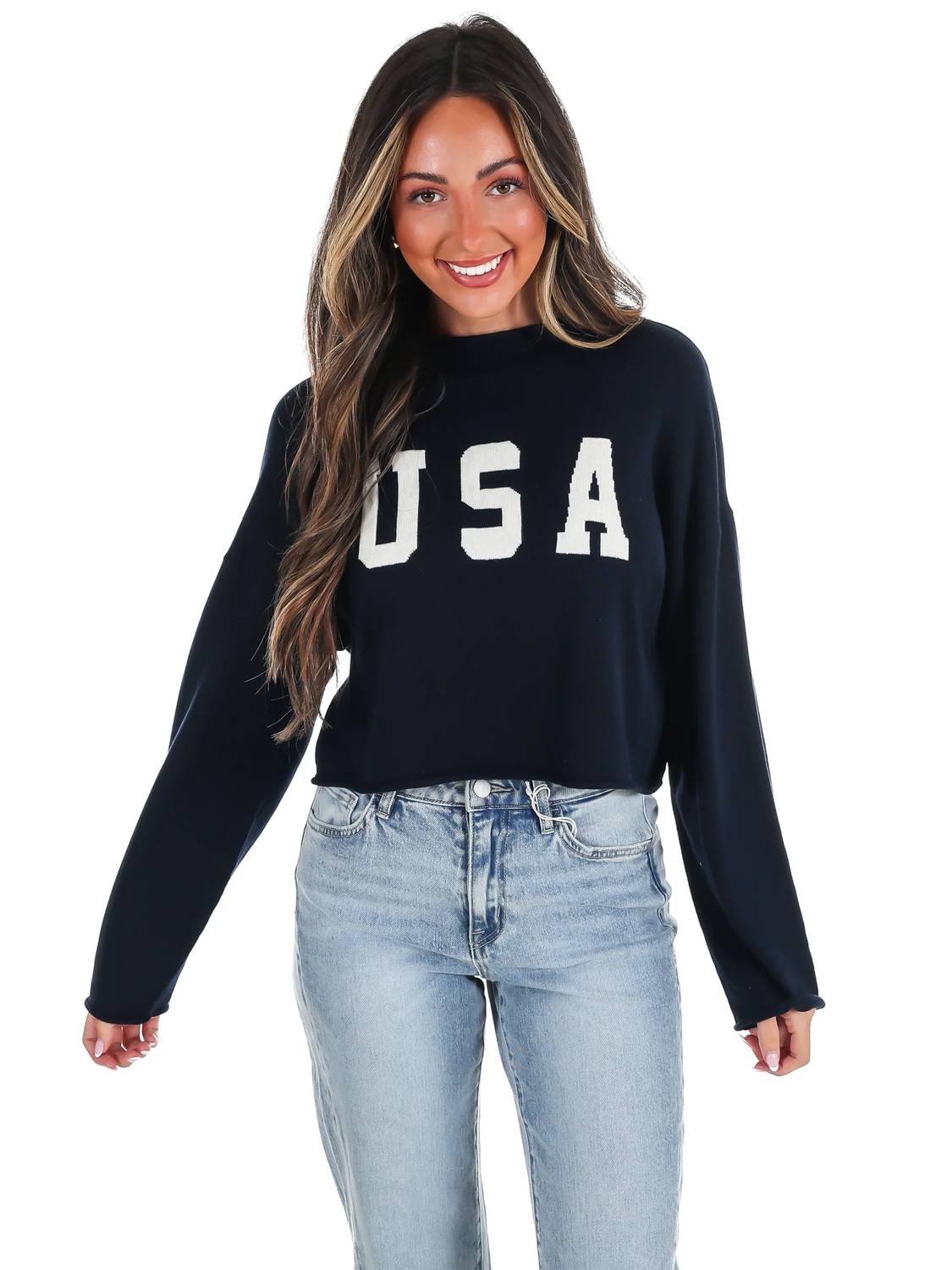 Le Lis - Varsity USA Mock Neck Crop Sweater