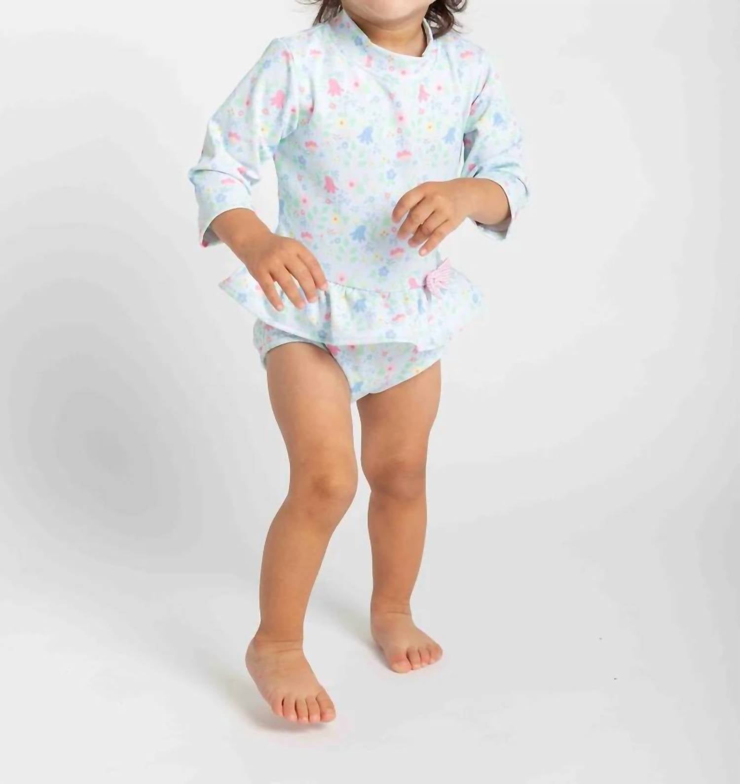 Florence Eiseman - Girls Floral Print One Piece Rashguard Suit With Ruffle