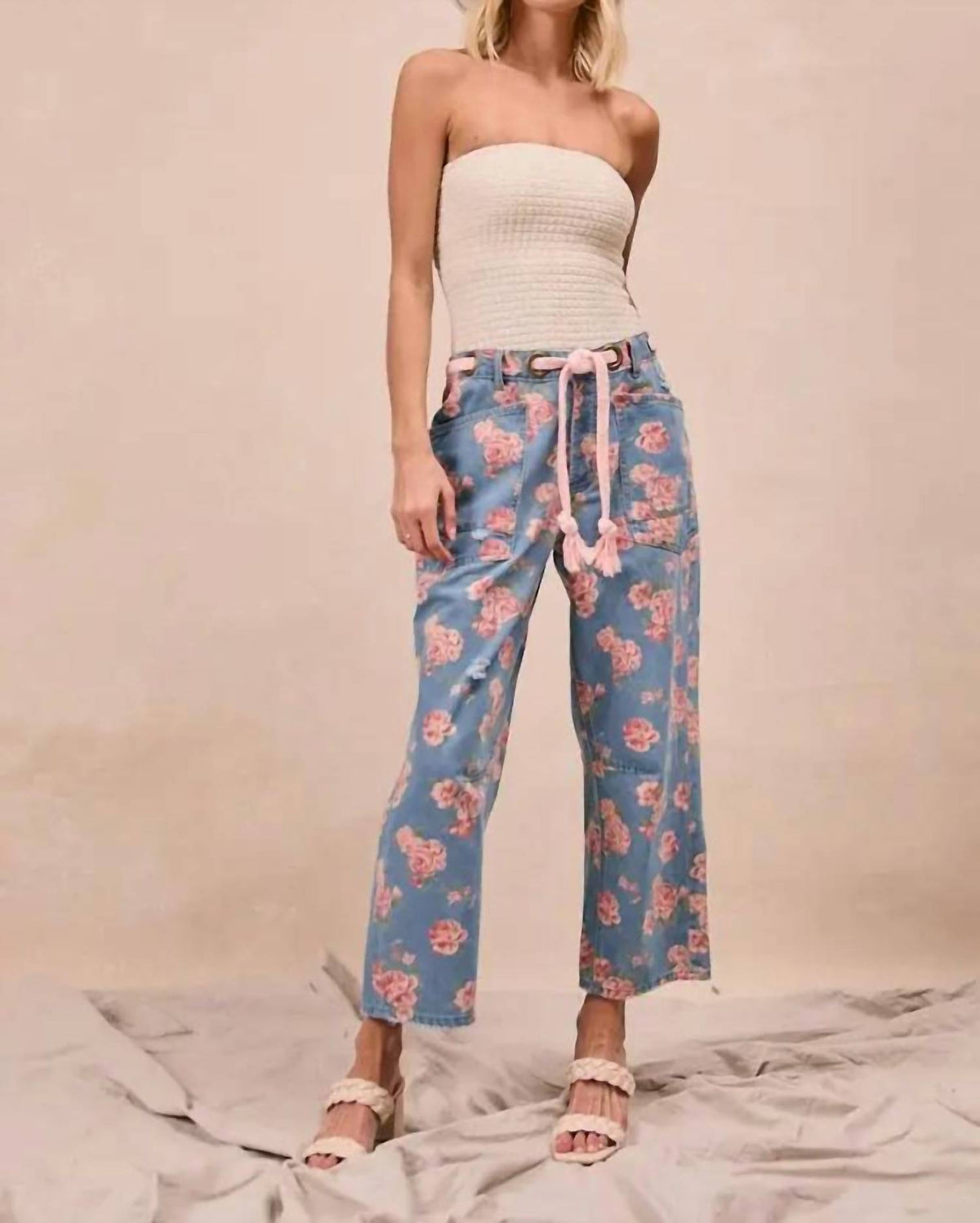 Vanilla Monkey - Women's Braided Waist Belt Patch Pocket Floral Denim Pants