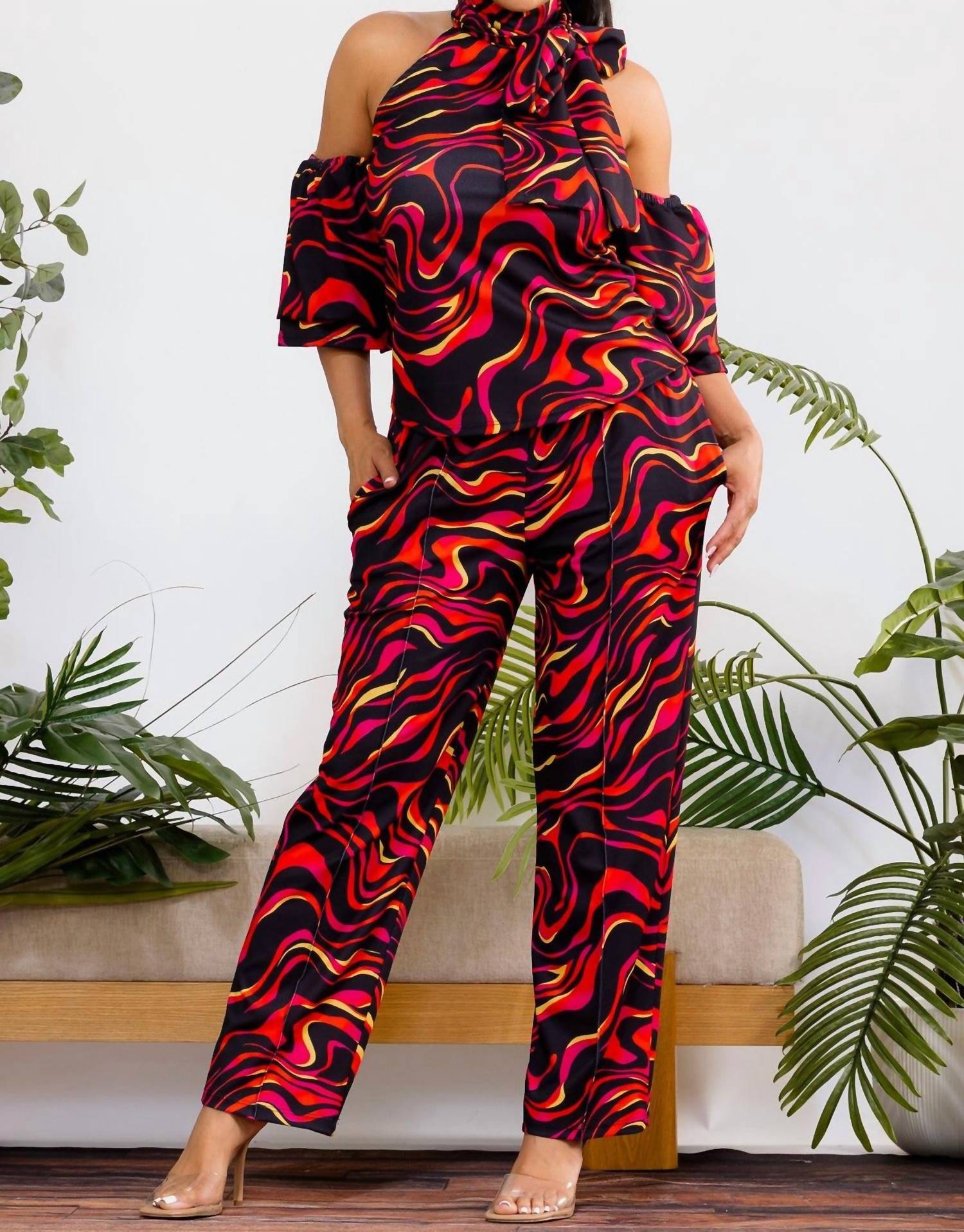 Karen Kane Cold Shoulder Top And Wide Leg Pants Set in red multi - women's pants