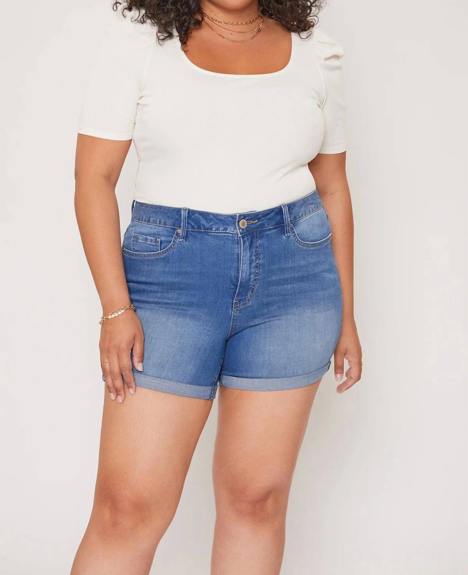 Ymi - Double Cuff Denim Shorts - Plus