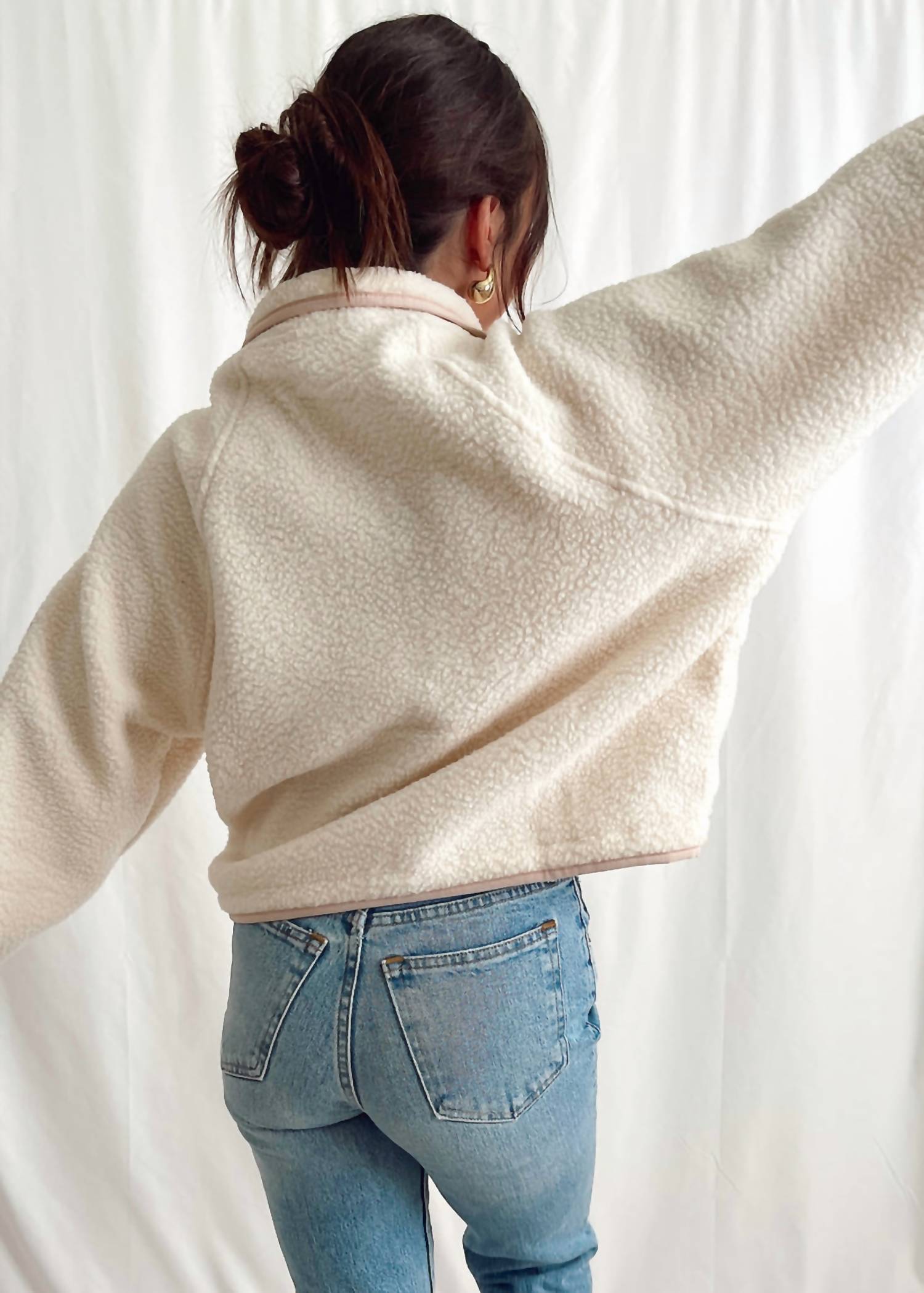 Buttermelon Fleece Button Front Side Pocket Long Sleeve Top in ivory pink - women's sweater - detail view