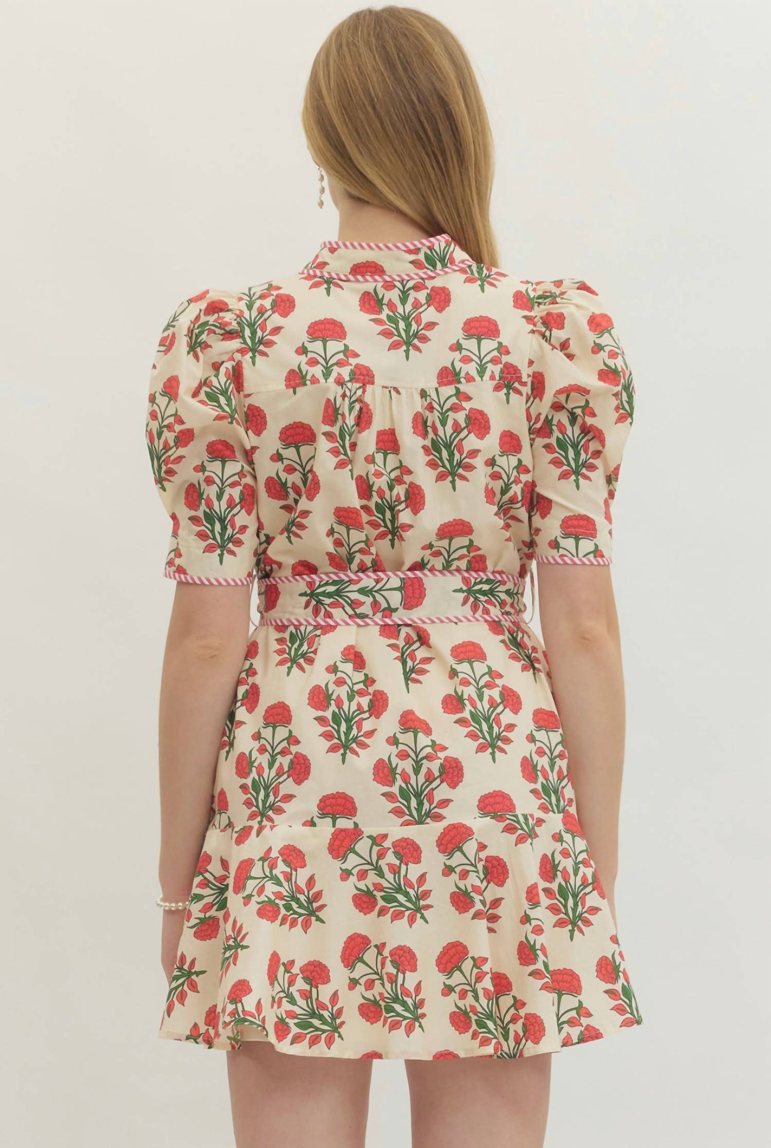 entro Block Print Mini Dress in red multi - women's dress - detail view