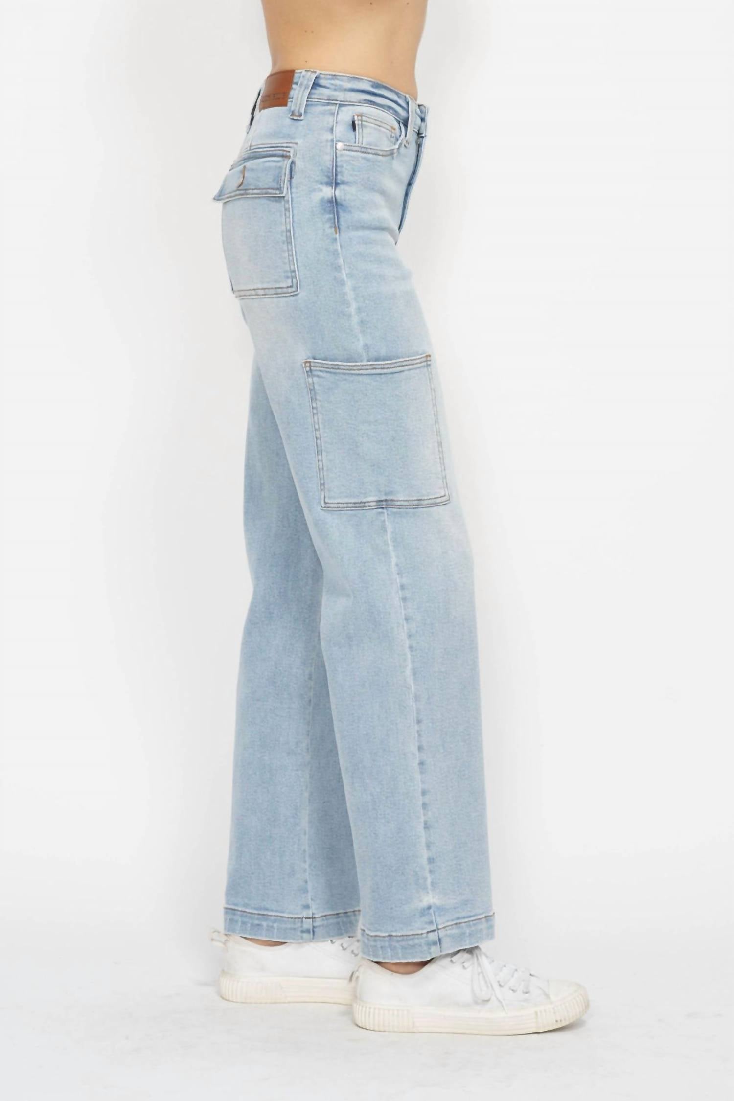Judy Blue High Waist Cargo Wide Leg Denim Jeans in light blue - women's jeans - alternate view