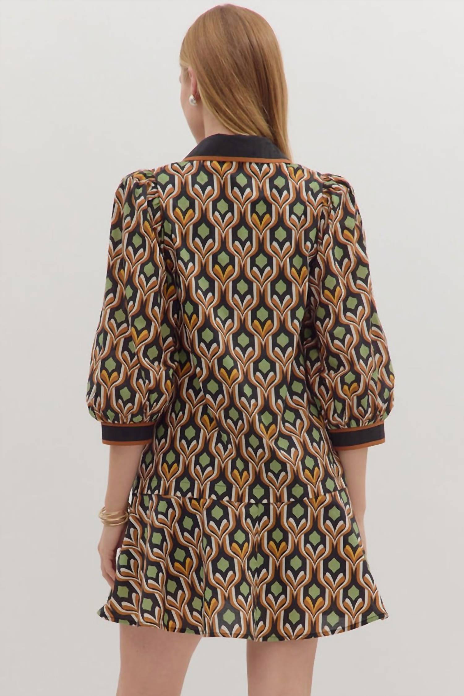 Entro - Geometric Print 3/4 Sleeve Mini Dress