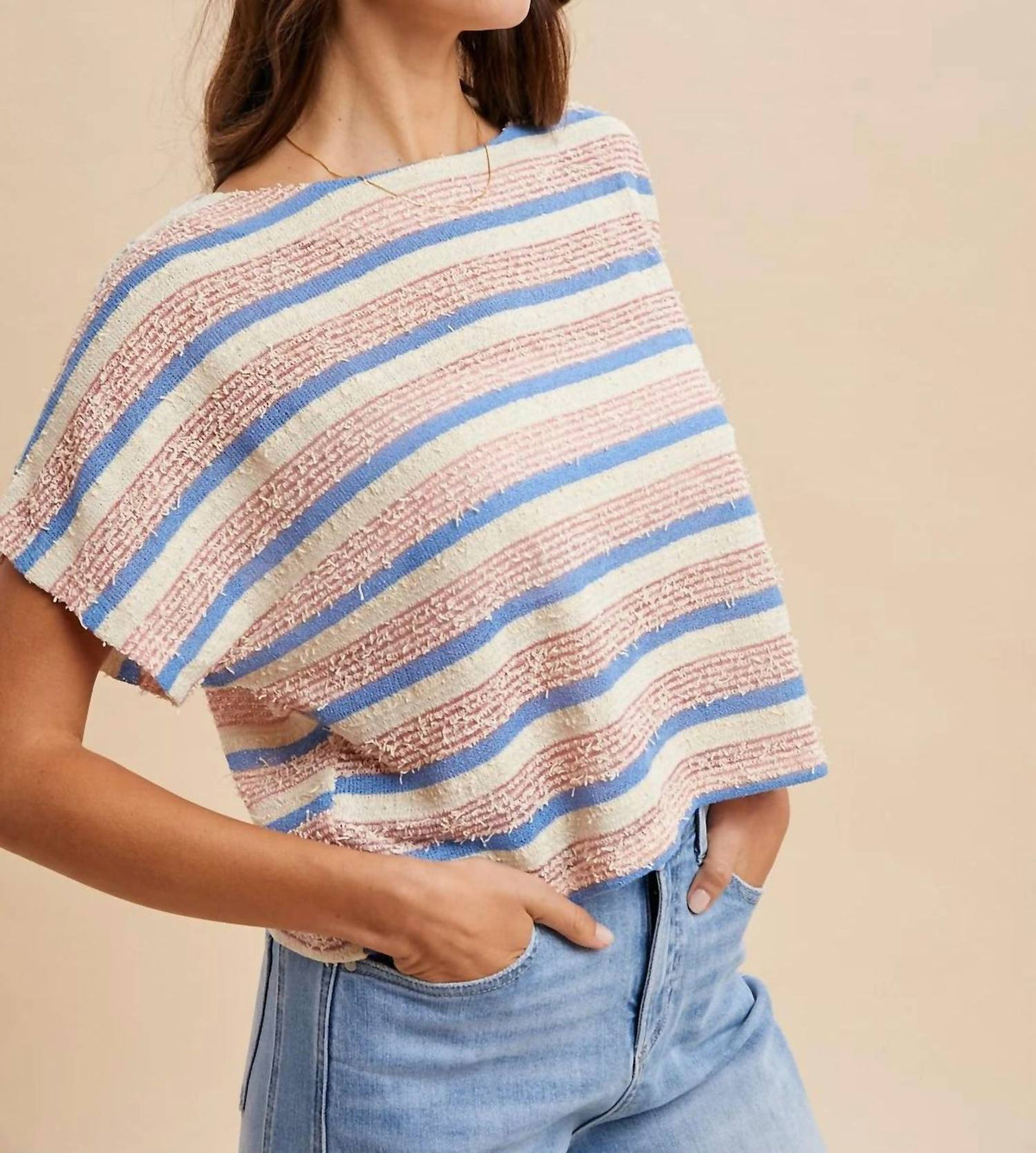 Anniewear - Tweed Texture Striped Crop Knit Top