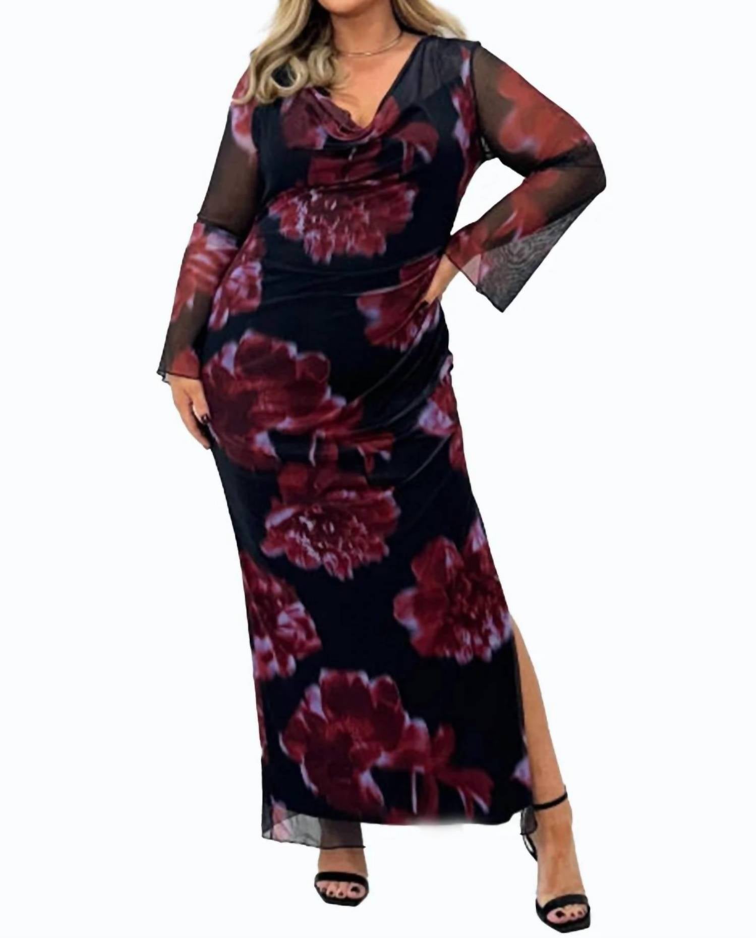 Fashion Szn Curve - Cowl Neck Mesh Flare Sleeve Maxi Dress - Plus