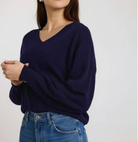 Brodie Cashmere Matilda V-neck Cashmere Jumper in navy - women's sweater - detail view