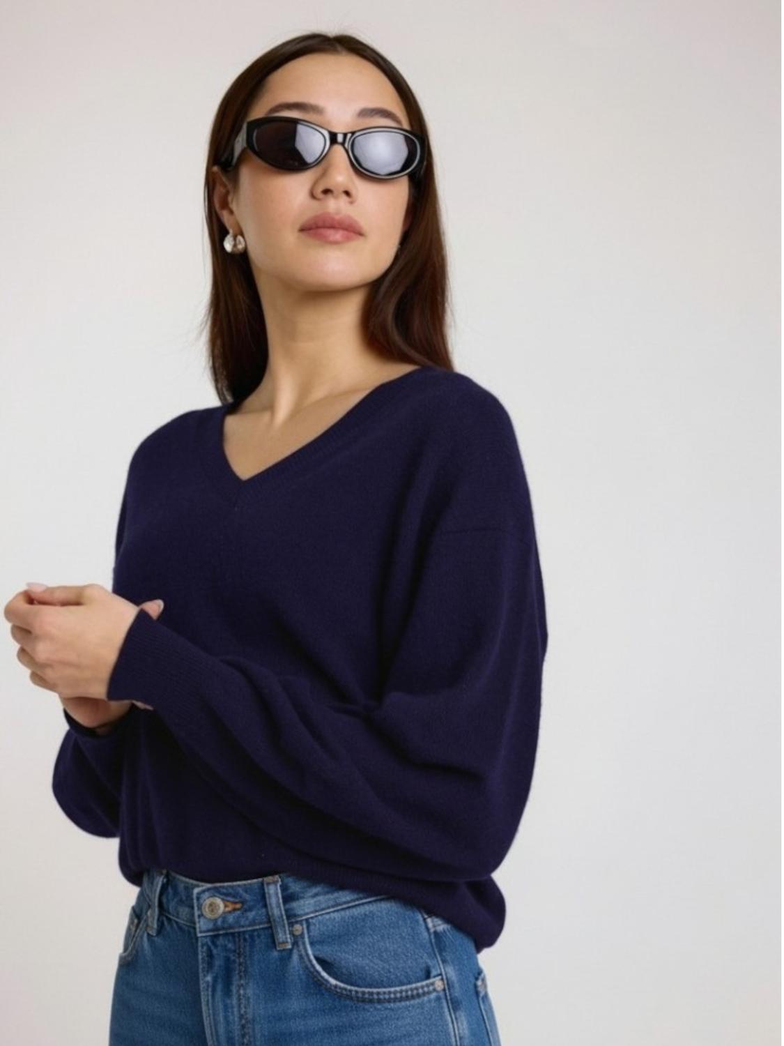 Brodie Cashmere Matilda V-neck Cashmere Jumper in navy - women's sweater - alternate view