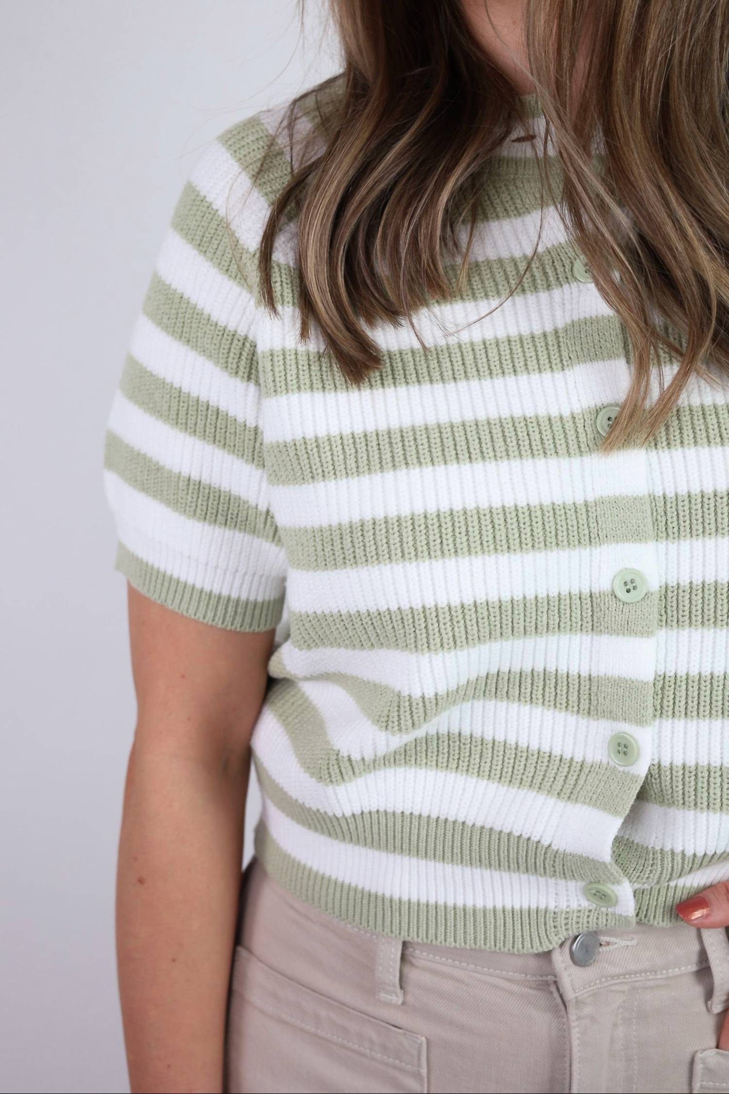 LE LIS Rachel Striped Cardigan in green - women's cardigan - detail view